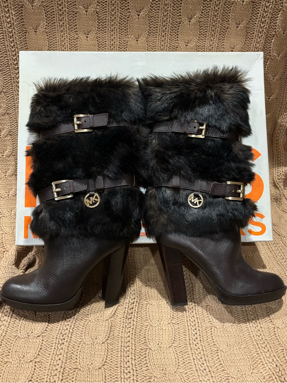 Michael Kors Dark Brown Fur-Trim High-Heel Booties